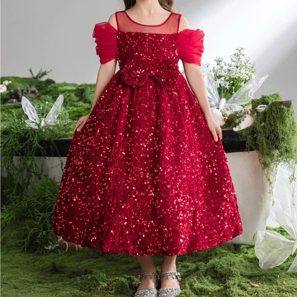 156 Youth/Girl Red Sequin Cold Shoulder Mesh Front Bow A Line Party Dress -  12Y